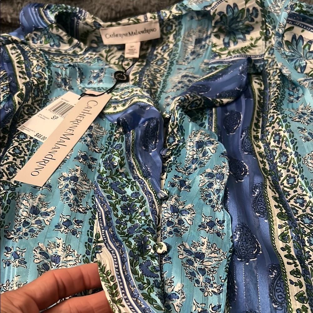 Catherine Malandrino Blue and White Ruffled V-Neck Blouse NWT retail $68 - Picture 3 of 7